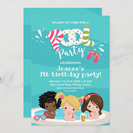 Petites filles Pool Party Invitation anniversaire (Devant / Derrière)
