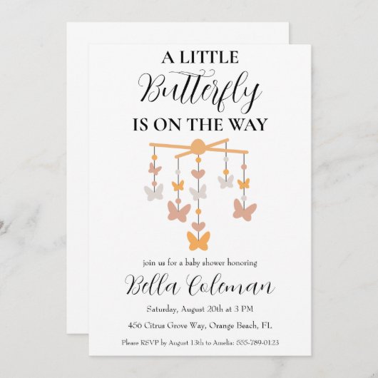 petites invitations à la douche pour bébé papillon (Devant / Derrière)
