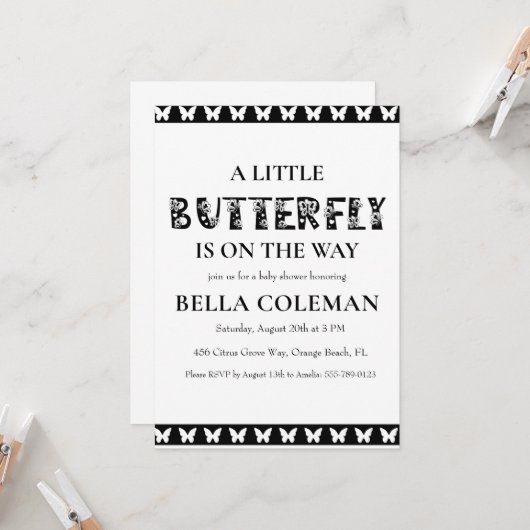 petites invitations à la douche pour bébé papillon (Devant/Arrière en situation)