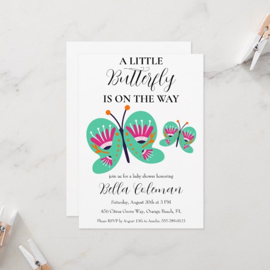 petites invitations à la douche pour bébé papillon (Devant/Arrière en situation)