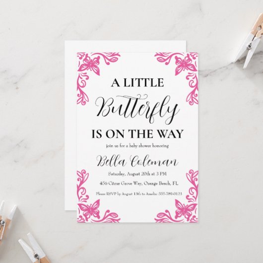 petites invitations à la douche pour bébé papillon (Devant/Arrière en situation)