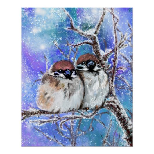 Petits Bruants Couple En Hiver Poster Peinture (Devant)