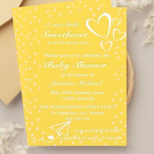 Petits Coeurs Baby shower Jaune Invitation