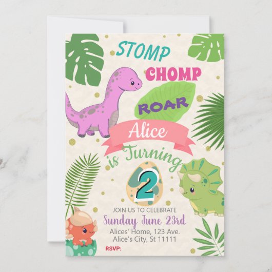 PETITS DINOSAURS FILLE 2E ANNIVERSAIRE INVITATION (Devant)