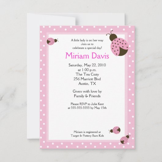 Petits Ladybugs Rose 4x5 Invitations de douche pou (Devant)