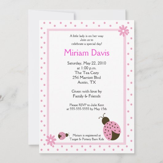 Petits Ladybugs Rose 5x7 Invitations de douche béb (Devant)