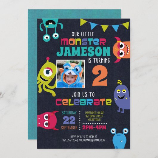 Petits monstres Invitation de fête d'anniversaire (Devant / Derrière)