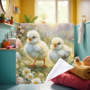 Petits poussins dans la prairie avec oeufs de Pâqu