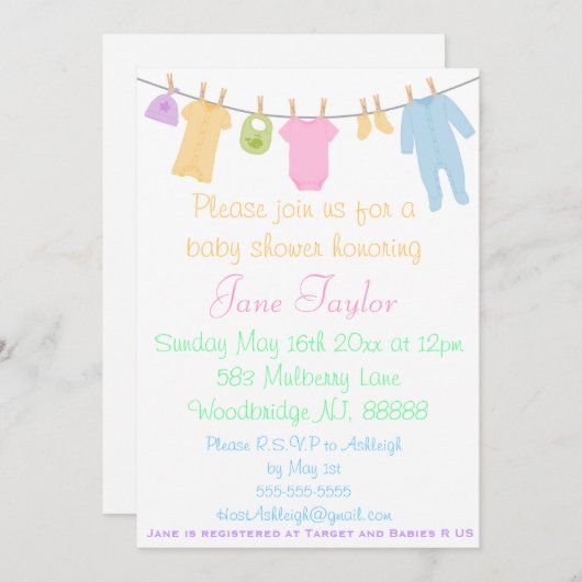 Petits vêtements Bébé Douche Invitations (Devant / Derrière)