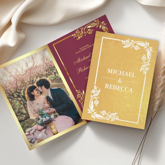 Pétrole d'or floral Faire-part de mariage rose pho