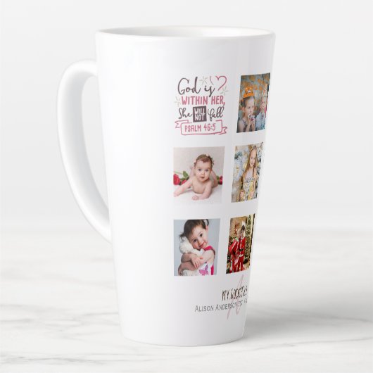 PETTER COLLAGE Cadeau met Bijbeltekst kan bewerkt Latte Mok (Linkerhoek)