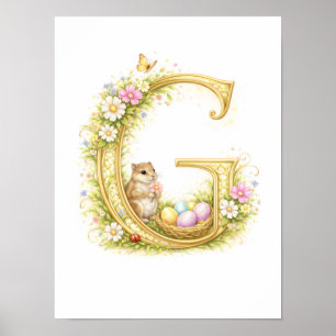Peuterbrief G Eekhoorn Baby Initiaal Gouden Bloemm Poster