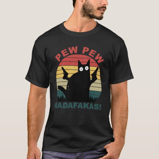 Pew Pew Madafakas Funny Black Cat mannen T-Shirt (Voorkant)