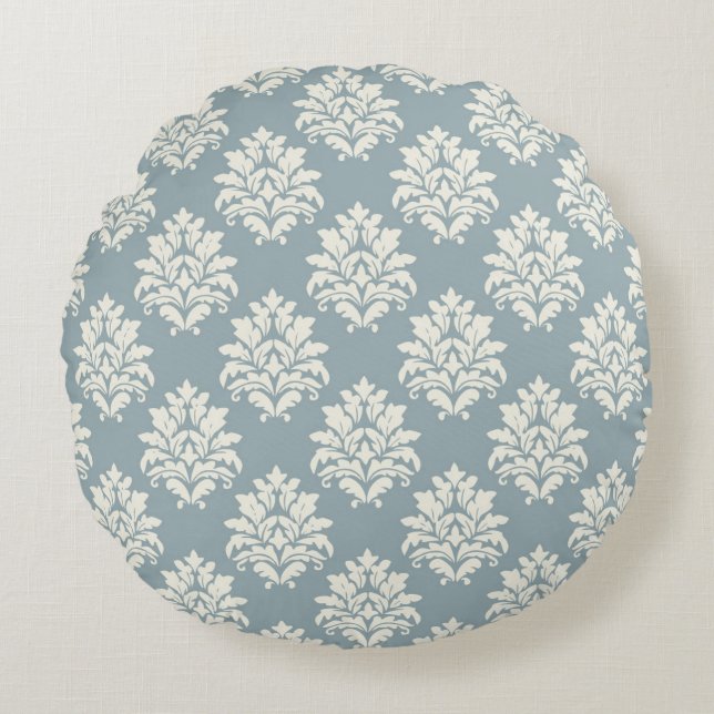 Pewter Blue en Alabaster Damask RoundThrow Kussen (Voorkant)