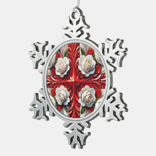 Pewter Snowflake Ornament met Engelse Rozen (Rechts)