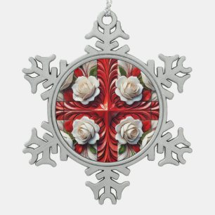Pewter Snowflake Ornament met Engelse Rozen