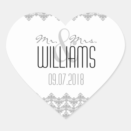 PH&D Wedding Heart Sticker Grey 2 White Damask (Voorkant)