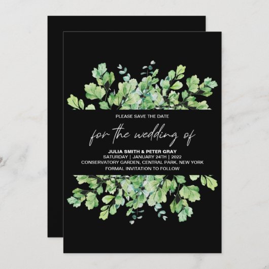 Phantom Black Leafy Save the Date Wedding Kaart (Voorkant / Achterkant)