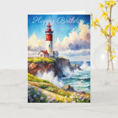Phare sur une falaise Carte d'anniversaire (Fleur jaune)