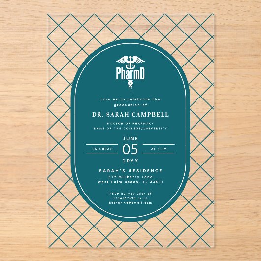 PharmD Doctor of Pharmacy Afstuderen Check Pattern Acryl Uitnodigingen (Voorkant)