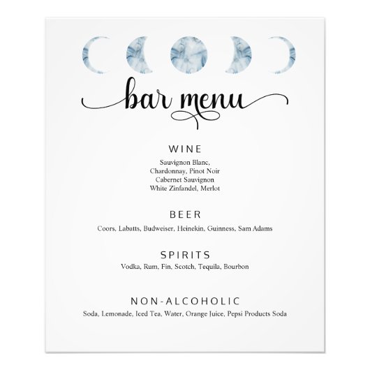 Phases de la nuit Mariage Bar Menu Poster (Devant)