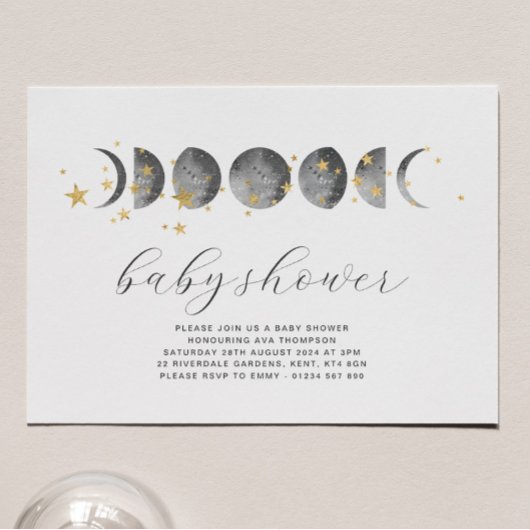 Phases de lune Gold Stars Baby shower Invitation