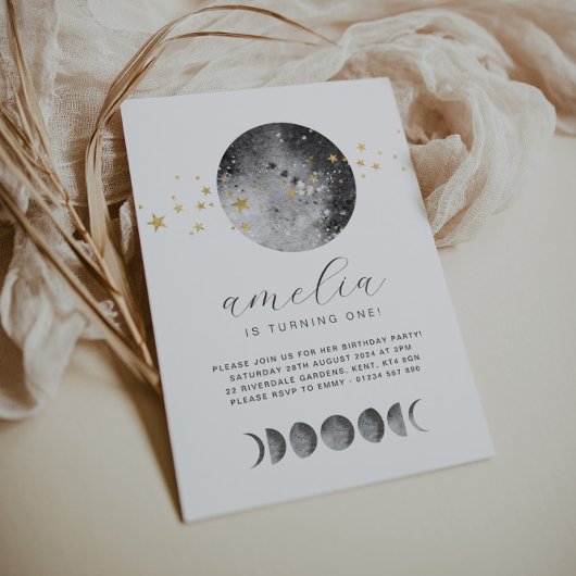 Phases Lune Gold Stars Anniversaire Invitation