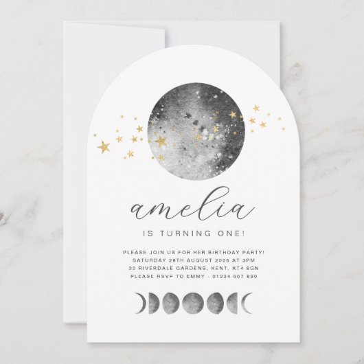 Phases Lune Gold Stars Anniversaire Invitation (Devant)