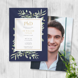 Phd Degree Greenery Navy Blue Photo Afstuderen Kaart