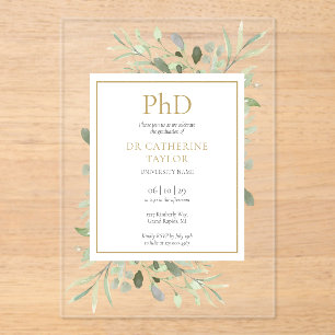 PhD Degree Waterverf Greenery Floral Afstuderen Acryl Uitnodigingen