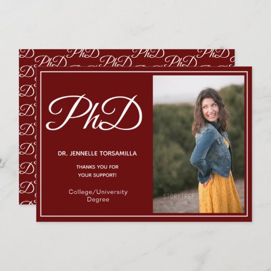 PhD-graad Bourgondië White Photo Script-Afstuderen Aankondiging (Voorkant / Achterkant)