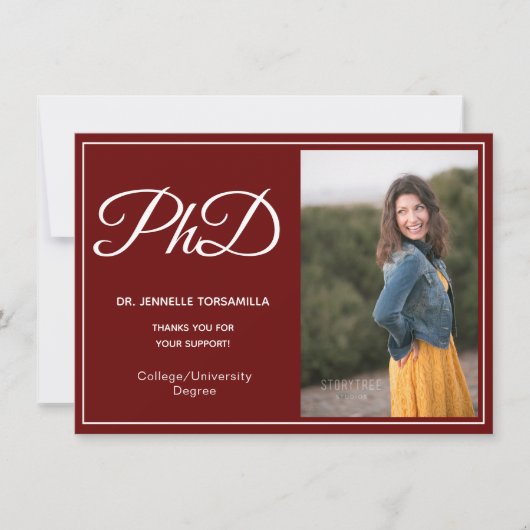 PhD-graad Bourgondië White Photo Script-Afstuderen Aankondiging (Voorkant)