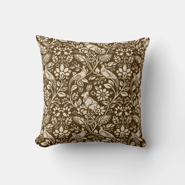 Pheasant and Hare Pattern, Brown and Beige Kussen (Voorkant)