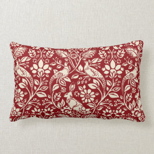 Pheasant and Hare Pattern, Deep Red en Cream Kussen