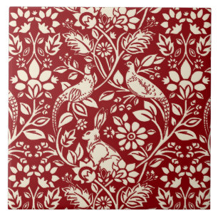 Pheasant and Hare Pattern, Deep Red en Cream Tegeltje