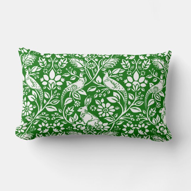 Pheasant and Hare Pattern, Emerald Green en White Kussen (Voorkant)