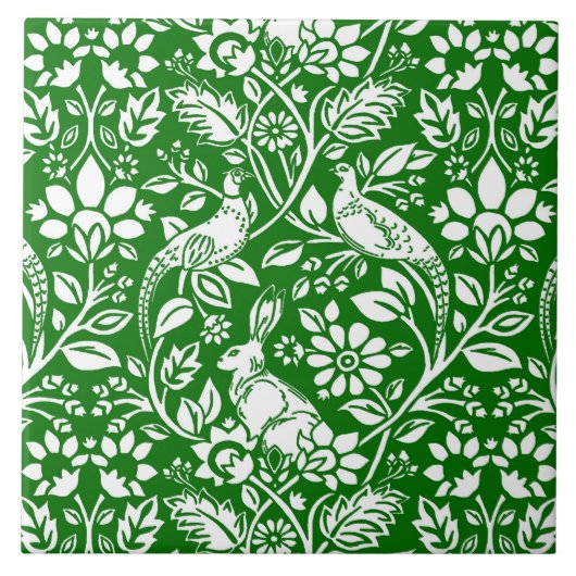 Pheasant and Hare Pattern, Emerald Green en White Tegeltje (Voorkant)