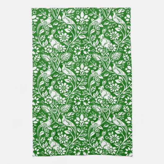 Pheasant and Hare Pattern, Emerald Green en White Theedoek (Verticaal)