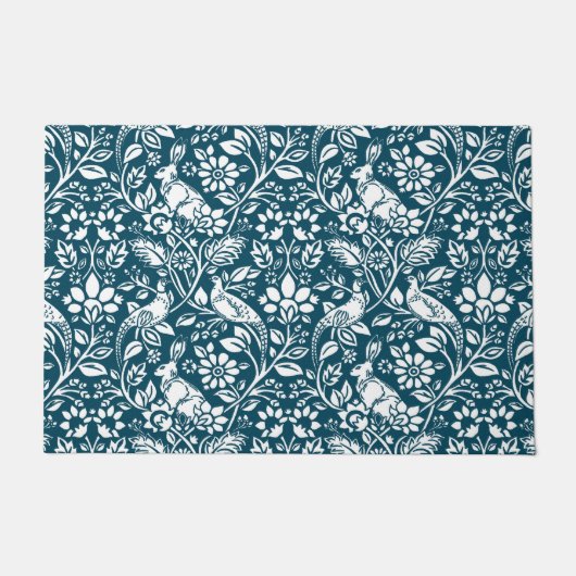 Pheasant and Hare Pattern, Indigo Blue en White D Deurmat (Voorkant)