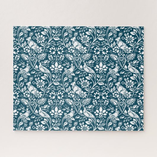 Pheasant and Hare Pattern, Indigo Blue en White Legpuzzel (Horizontaal)