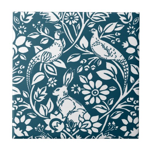 Pheasant and Hare Pattern, Indigo Blue en White Tegeltje (Voorkant)