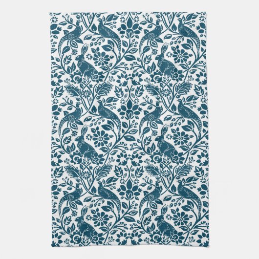Pheasant and Hare Pattern, Indigo Blue en White Theedoek (Verticaal)
