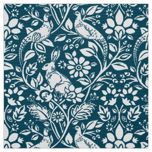 Pheasant and Hare Pattern, Indigo Blue & White Stof