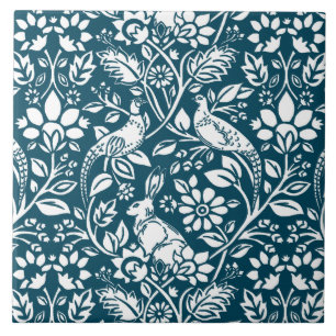 Pheasant and Hare Pattern, Indigo Blue & White Tegeltje