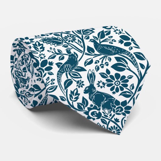 Pheasant and Hare Pattern, White and Indigo Blue Stropdas (Opgerold)