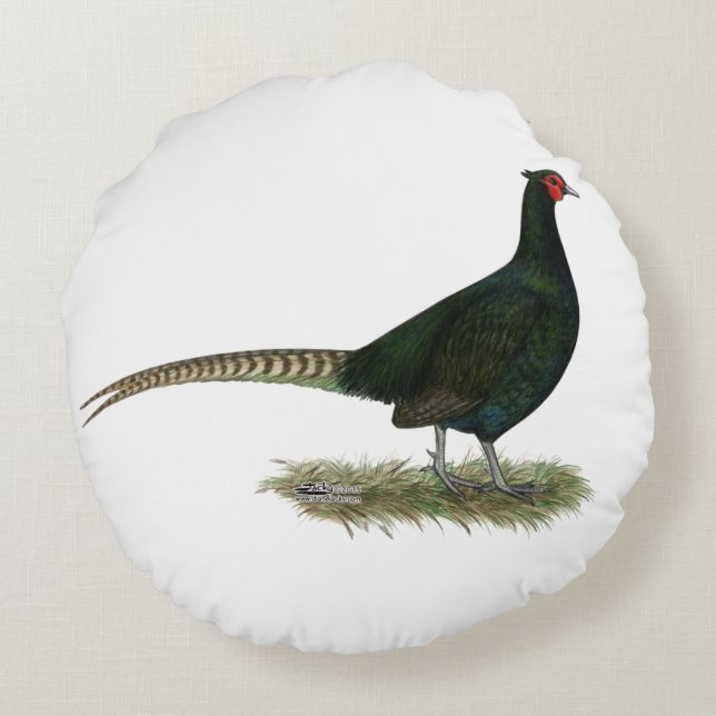 Pheasant Black Rooster Rond Kussen (Achterkant)