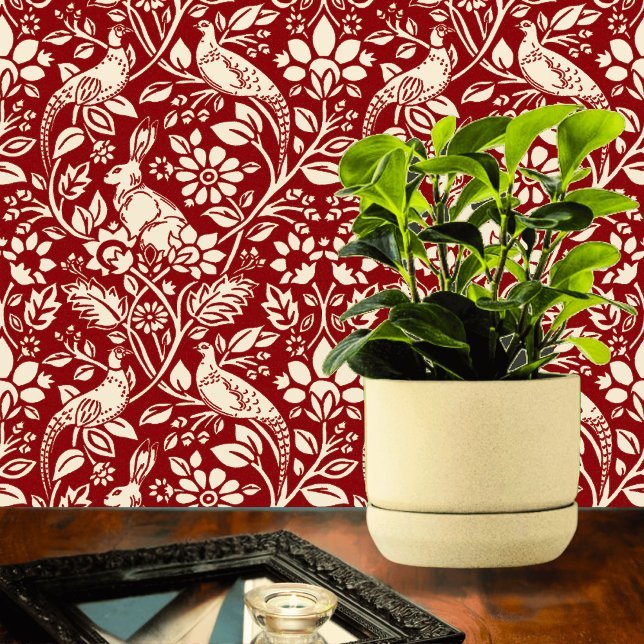 Pheasant en hare Patroon, diep rood en crème Behang (Creator heeft geüpload)