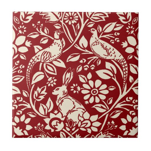 Pheasant en hare Patroon, diep rood en crème Tegeltje (Voorkant)