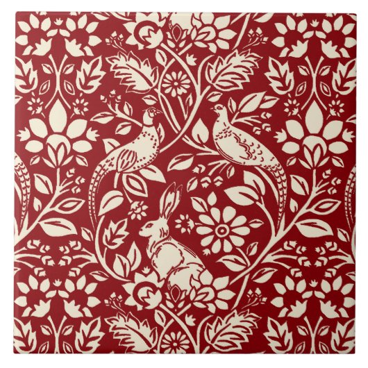 Pheasant en hare Patroon, diep rood en crème Tegeltje (Voorkant)