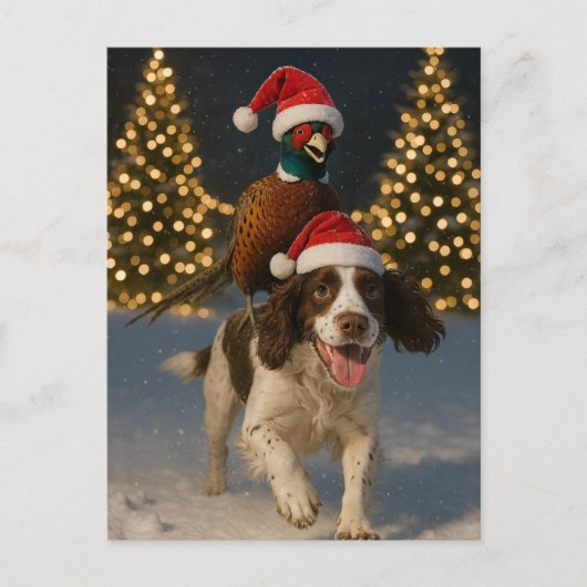 Pheasant on Springer Spaniel Christmas postcard Briefkaart (Voorkant)